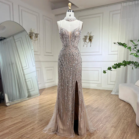 Vestido de noche de sirena color nude plateado con tirantes finos y cuentas, para mujer, para fiesta de graduación 2025 LA72047B 