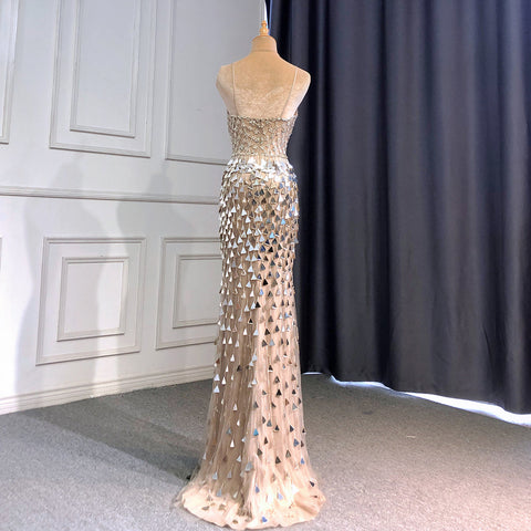 Vestido de noche de lujo con tirantes finos color nude y plateado, corte sirena, lentejuelas y cuentas, elegante para mujer, fiesta LA71666 