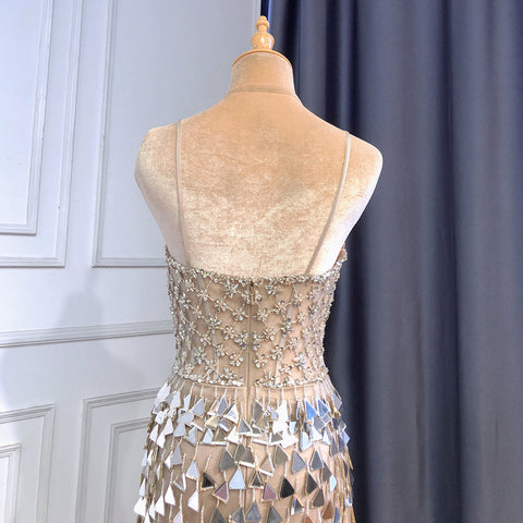 Vestido de noche de lujo con tirantes finos color nude y plateado, corte sirena, lentejuelas y cuentas, elegante para mujer, fiesta LA71666 