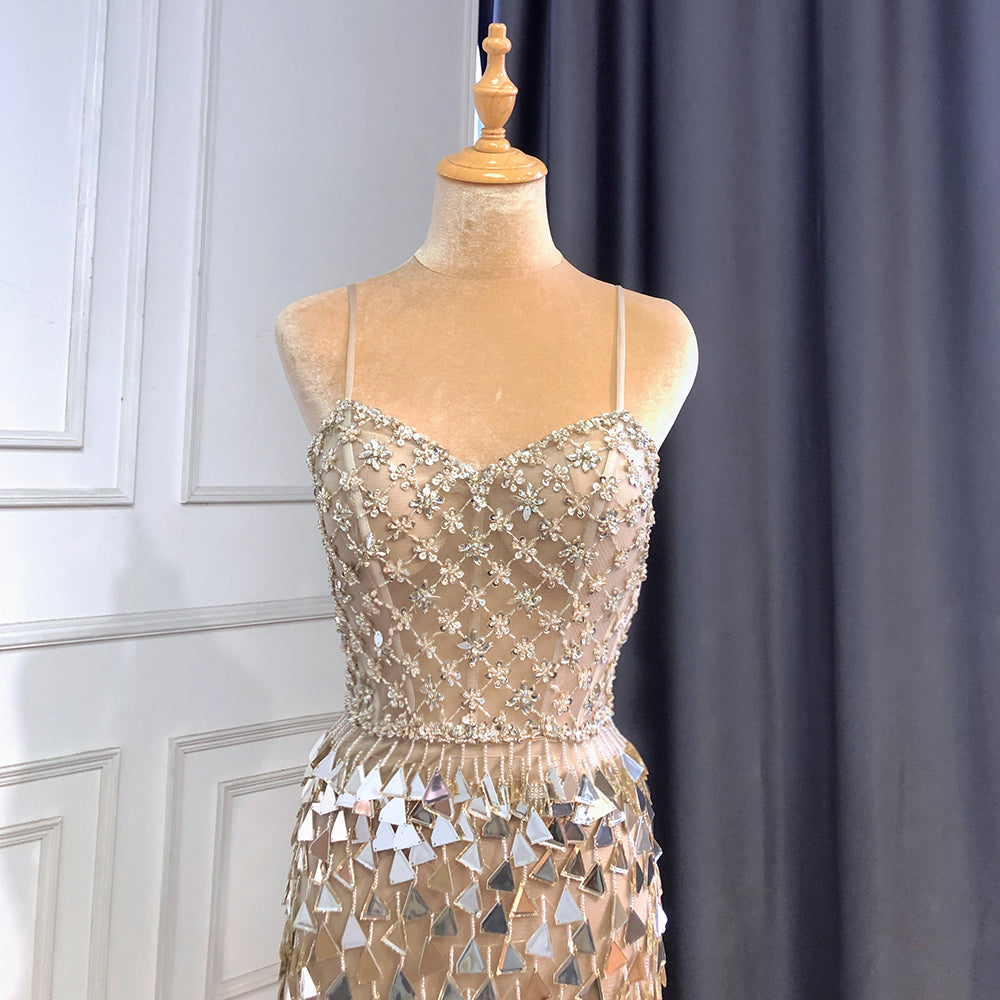 Silver Nude Spaghetti Strap Luxury Evening Dresses Gowns 2025 Mermaid Sequins Beaded Elegant For Women Party LA71666