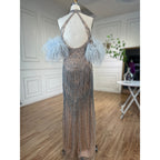 Silver Nude Strapless Mermaid Open Split Sexy Evening Dresses Luxury Beaded Tassel Party Gowns For Women LA72083