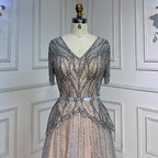 Silver Nude V-neck Short Sleeves A-line Evening Dresses 2025 Mother of the Bride Luxury Beaded Party Gowns LA72058