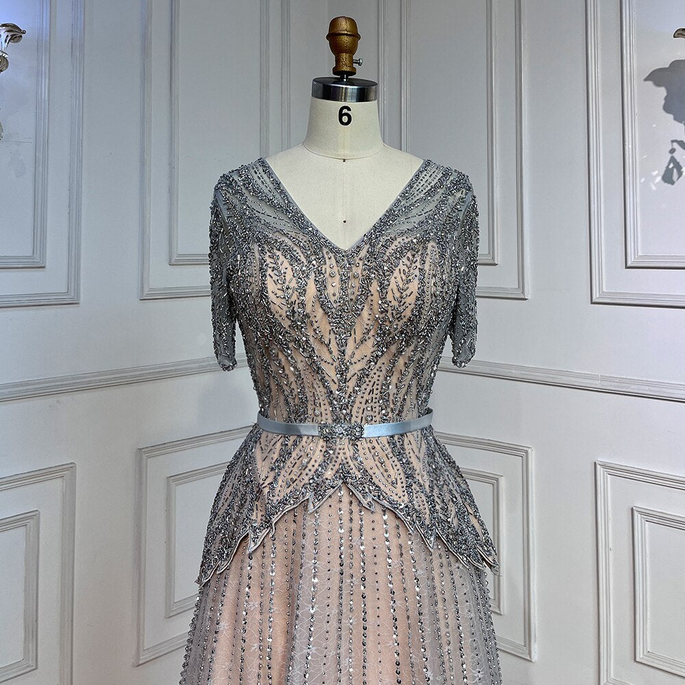 Silver Nude V-neck Short Sleeves A-line Evening Dresses 2025 Mother of the Bride Luxury Beaded Party Gowns LA72058