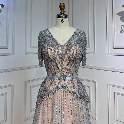 Vestidos de noche de corte A con escote en V y mangas cortas en color nude plateado 2025 para madre de la novia, vestidos de fiesta de lujo con cuentas LA72058 