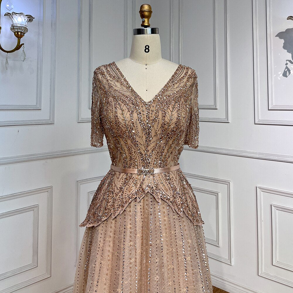 Silver Nude V-neck Short Sleeves A-line Evening Dresses 2025 Mother of the Bride Luxury Beaded Party Gowns LA72058