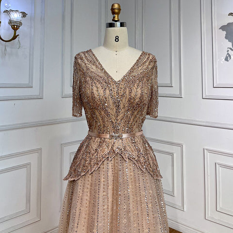 Vestidos de noche de corte A con escote en V y mangas cortas en color nude plateado 2025 para madre de la novia, vestidos de fiesta de lujo con cuentas LA72058 