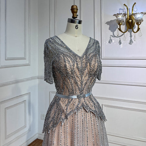 Vestidos de noche de corte A con escote en V y mangas cortas en color nude plateado 2025 para madre de la novia, vestidos de fiesta de lujo con cuentas LA72058 