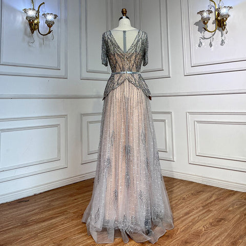 Vestidos de noche de corte A con escote en V y mangas cortas en color nude plateado 2025 para madre de la novia, vestidos de fiesta de lujo con cuentas LA72058 