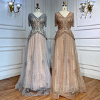 Silver Nude V-neck Short Sleeves A-line Evening Dresses 2025 Mother of the Bride Luxury Beaded Party Gowns LA72058