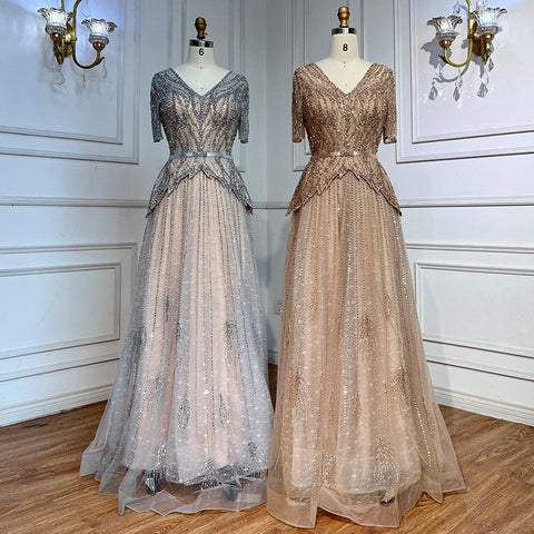 Vestidos de noche de corte A con escote en V y mangas cortas en color nude plateado 2025 para madre de la novia, vestidos de fiesta de lujo con cuentas LA72058 