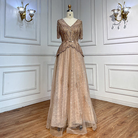 Vestidos de noche de corte A con escote en V y mangas cortas en color nude plateado 2025 para madre de la novia, vestidos de fiesta de lujo con cuentas LA72058 