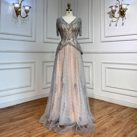 Vestidos de noche de corte A con escote en V y mangas cortas en color nude plateado 2025 para madre de la novia, vestidos de fiesta de lujo con cuentas LA72058 