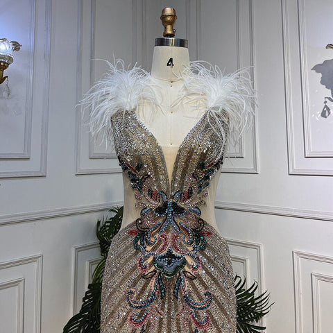 Vestido de noche plateado sexy de corte sirena profundo con abertura alta y plumas de lujo para mujer, fiesta de bodas 2025 LA72011 