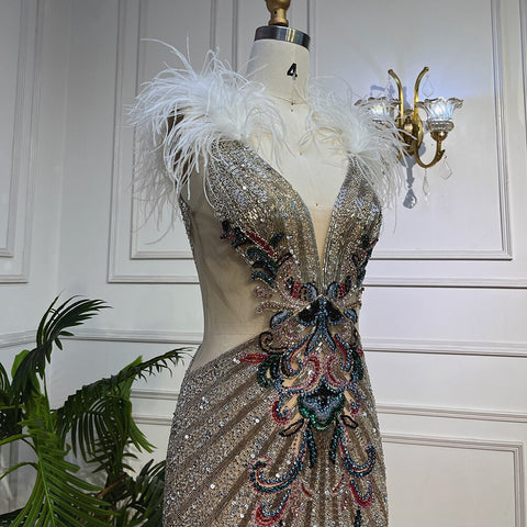 Vestido de noche plateado sexy de corte sirena profundo con abertura alta y plumas de lujo para mujer, fiesta de bodas 2025 LA72011 