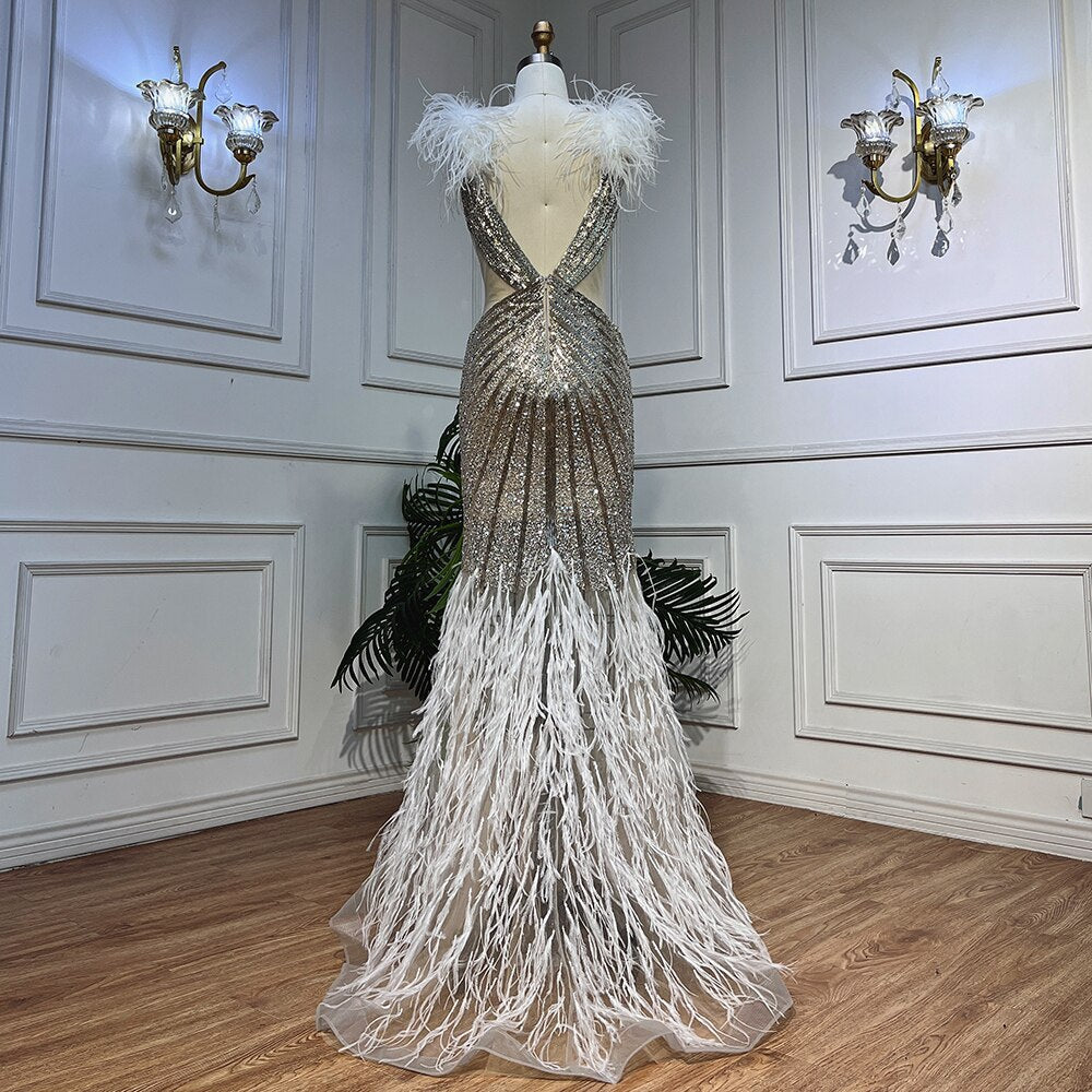 Silver Sexy High Split Deep Mermaid Luxury Feather Beads Evening Dresses Gowns For Women Wedding Party 2025 LA72011