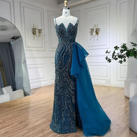 Vestido de noche de lujo azul cielo con tirantes finos, corte sirena, elegante, con cuentas, para mujer, fiesta, LA72378 