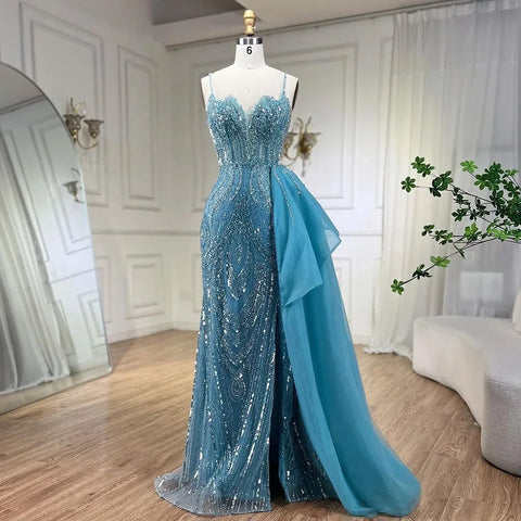 Vestido de noche de lujo azul cielo con tirantes finos, corte sirena, elegante, con cuentas, para mujer, fiesta, LA72378 