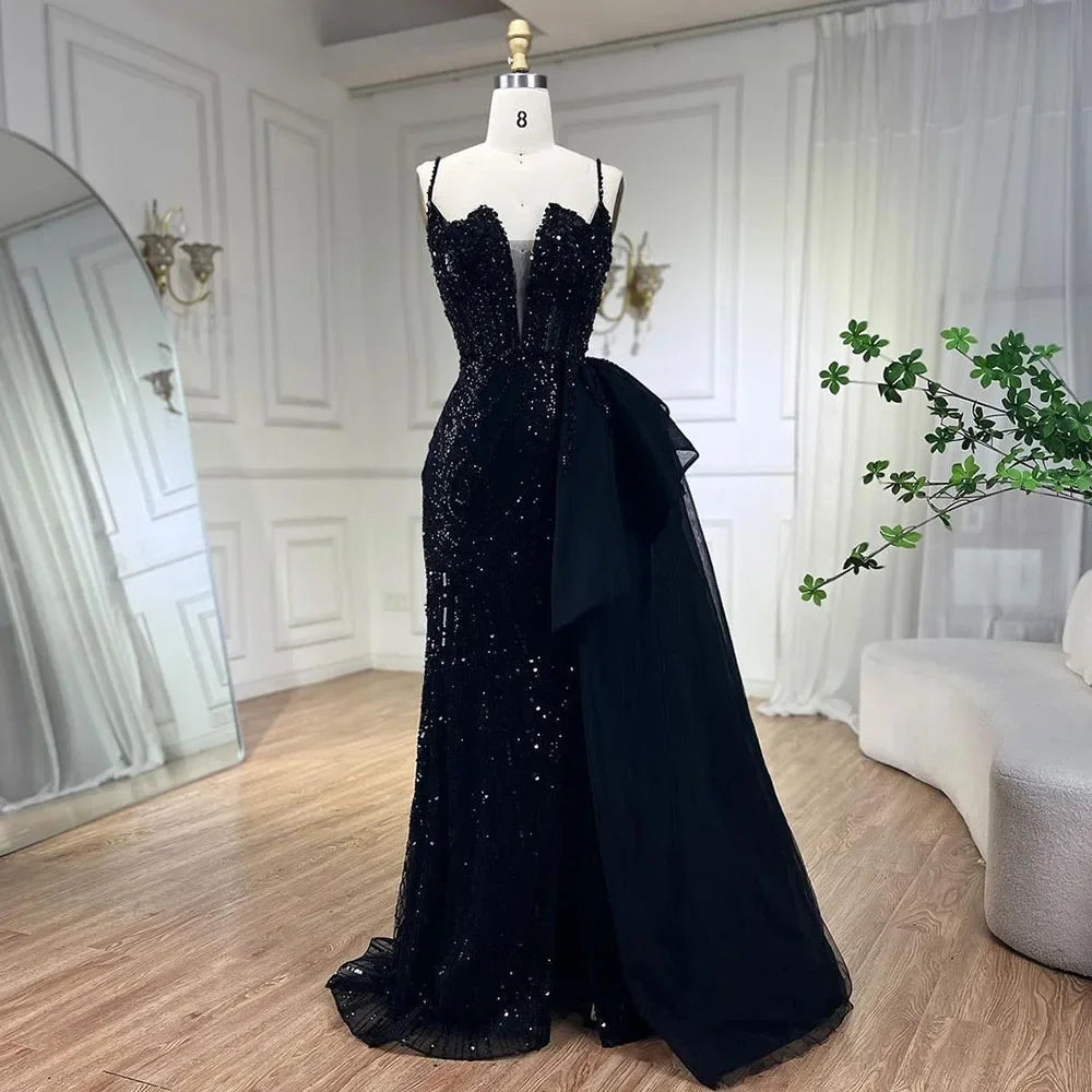 Sky Blue Spaghetti Strap Luxury Evening Dresses Gowns 2025 Mermaid Beaded Elegant Overskirt For Women Party LA72378