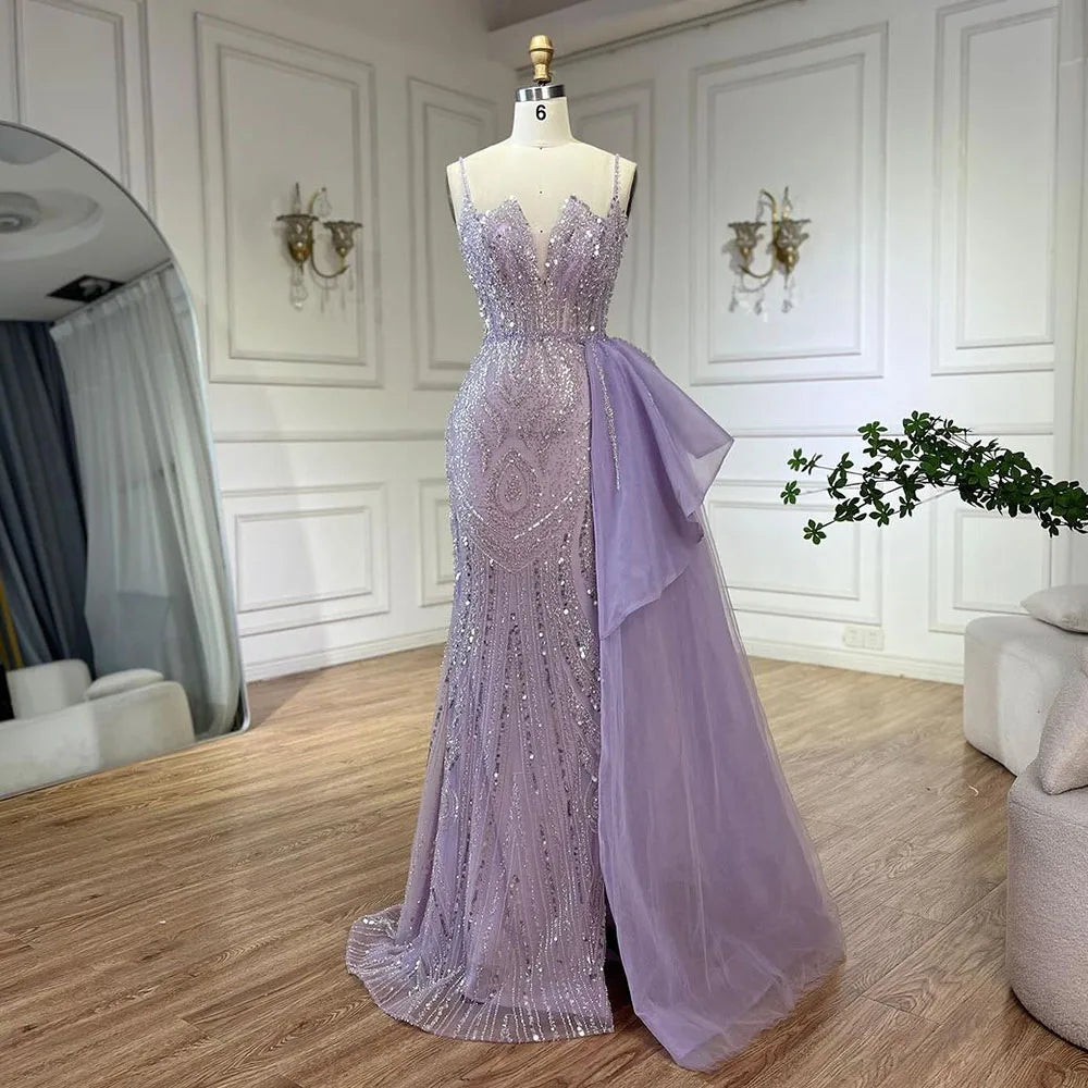 Sky Blue Spaghetti Strap Luxury Evening Dresses Gowns 2025 Mermaid Beaded Elegant Overskirt For Women Party LA72378