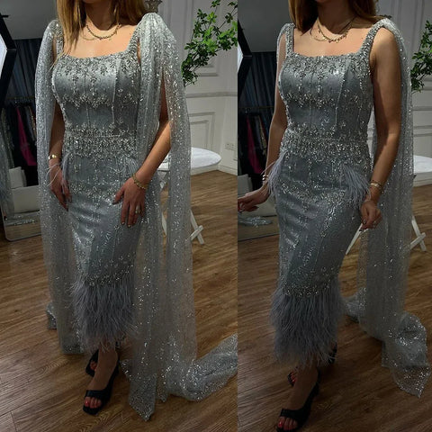Vestido de noche estilo sirena árabe gris plateado con capa de plumas, vestidos formales para fiesta de graduación, vestidos de boda LA72334 