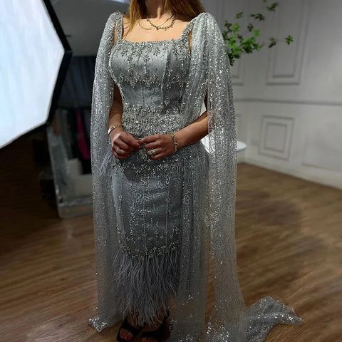 Vestido de noche estilo sirena árabe gris plateado con capa de plumas, vestidos formales para fiesta de graduación, vestidos de boda LA72334 