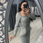 Silver Gray Mermaid Tea Length Evening Dress with Feathers LA71669L