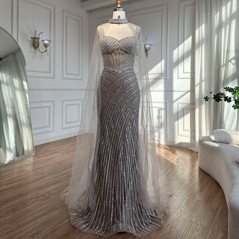 Vestido de noche largo color piel, estilo sirena, con tirantes finos, capa de cuentas y mangas, 2025 LA72860