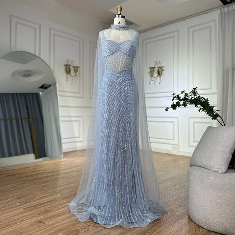 Vestido de noche largo color piel, estilo sirena, con tirantes finos, capa de cuentas y mangas, 2025 LA72860