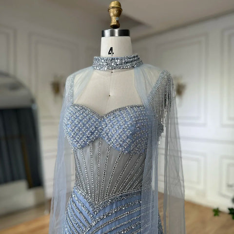 Vestido de noche largo color piel, estilo sirena, con tirantes finos, capa de cuentas y mangas, 2025 LA72860