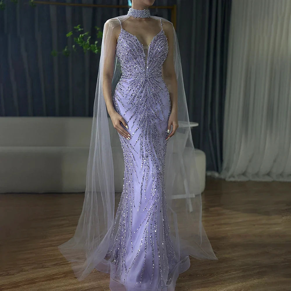 Spaghetti Strap Long Cloak Mermaid Caramel Beaded  Luxury Evening Dresses Gowns for Women's Party 2025 LA72768