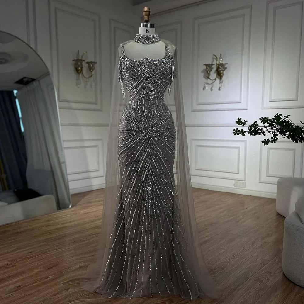 Spaghetti Strap Long Cloak Mermaid Silver Nude Beaded  Luxury Evening Dresses Gowns for Women's Party 2025 LA72587