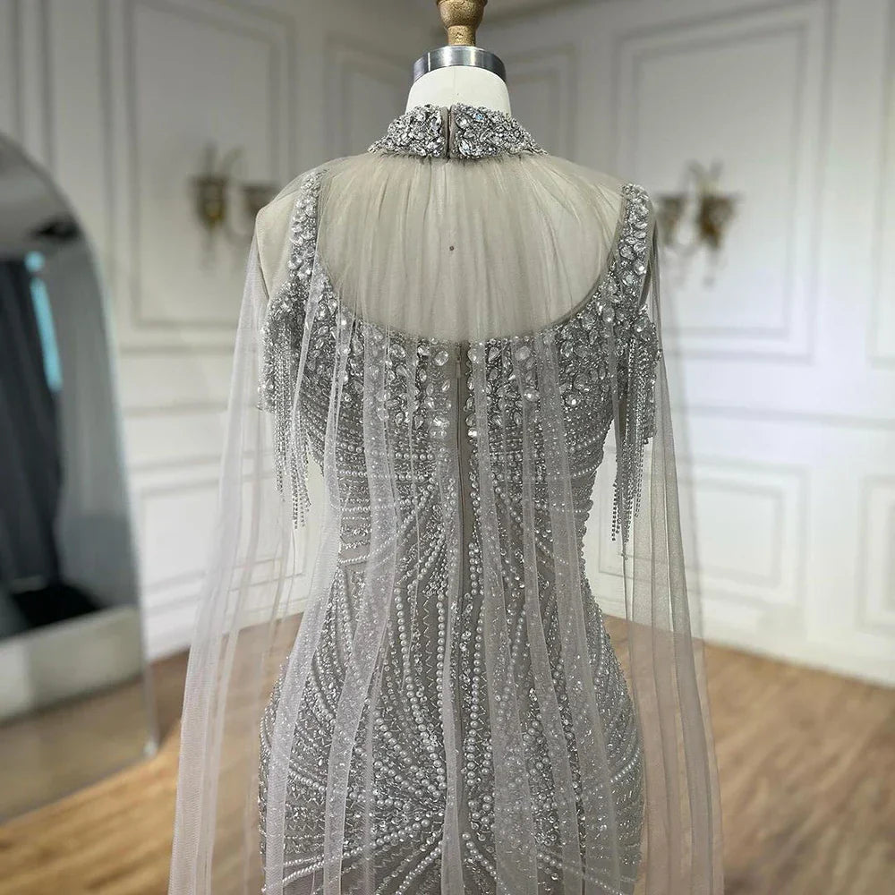 Spaghetti Strap Long Cloak Mermaid Silver Nude Beaded  Luxury Evening Dresses Gowns for Women's Party 2025 LA72587