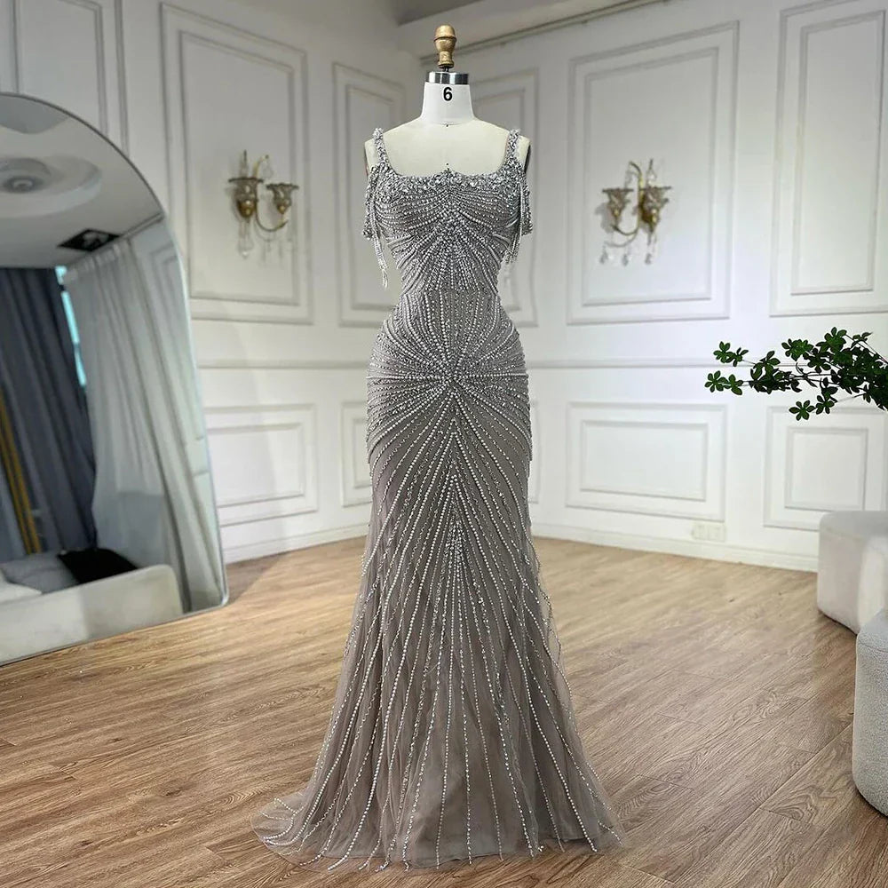 Spaghetti Strap Long Cloak Mermaid Silver Nude Beaded  Luxury Evening Dresses Gowns for Women's Party 2025 LA72587