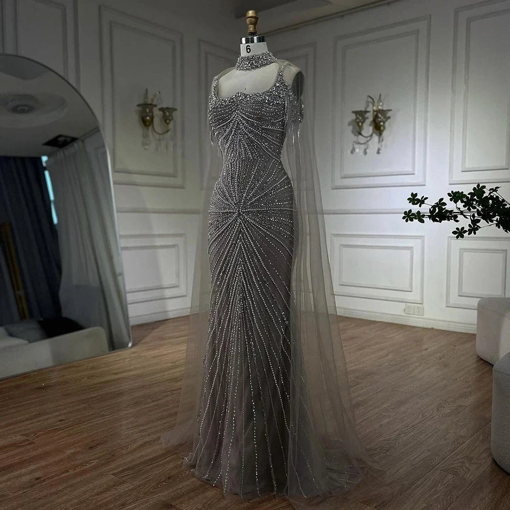 Spaghetti Strap Long Cloak Mermaid Silver Nude Beaded  Luxury Evening Dresses Gowns for Women's Party 2025 LA72587