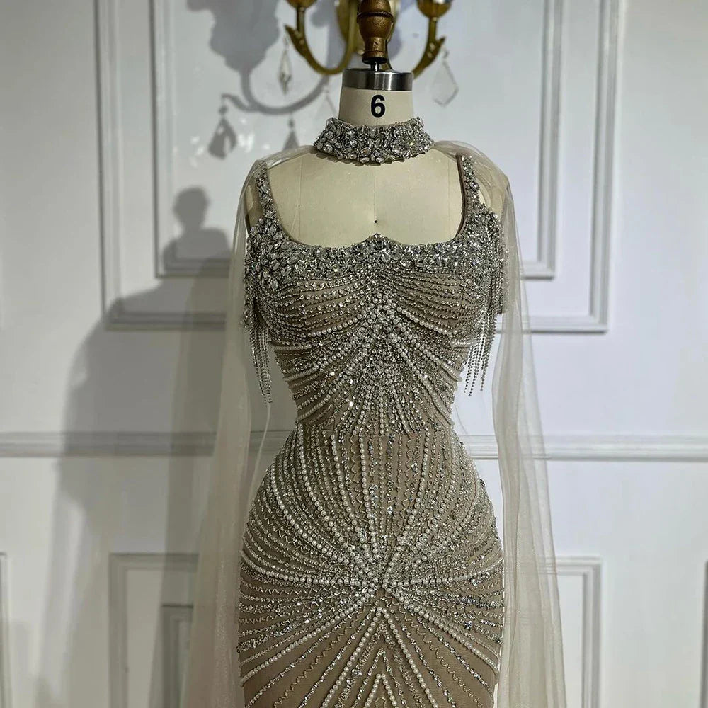 Spaghetti Strap Long Cloak Mermaid Silver Nude Beaded  Luxury Evening Dresses Gowns for Women's Party 2025 LA72587