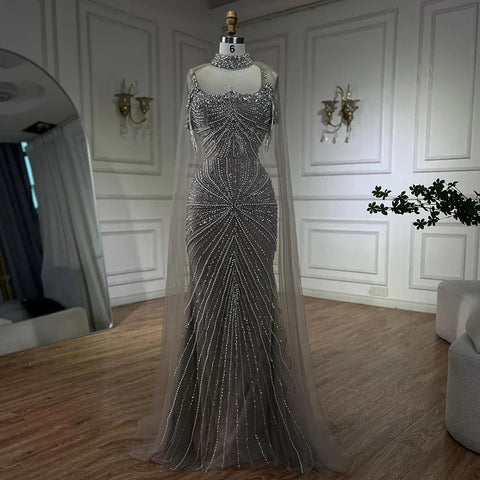 Vestido de noche de lujo con tirantes finos, estilo sirena, color plata, color piel y cuentas, para mujer, fiesta 2025, LA72587 