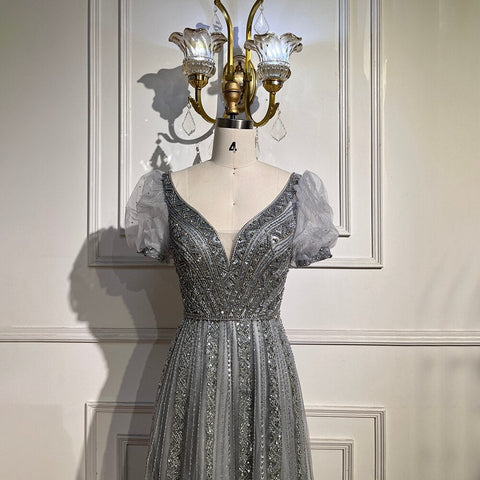 Vestidos de noche de lujo color topo, mangas cortas, corte A, con cuentas, para mujer, boda, fiesta, LA71551 