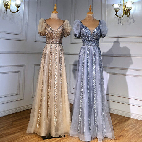 Vestidos de noche de lujo color topo, mangas cortas, corte A, con cuentas, para mujer, boda, fiesta, LA71551 