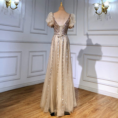 Vestidos de noche de lujo color topo, mangas cortas, corte A, con cuentas, para mujer, boda, fiesta, LA71551 