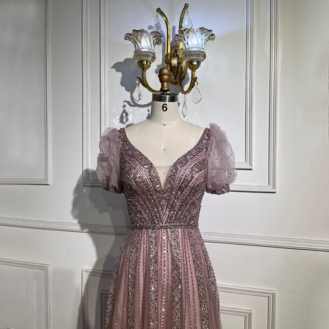 Vestidos de noche de lujo color topo, mangas cortas, corte A, con cuentas, para mujer, boda, fiesta, LA71551 