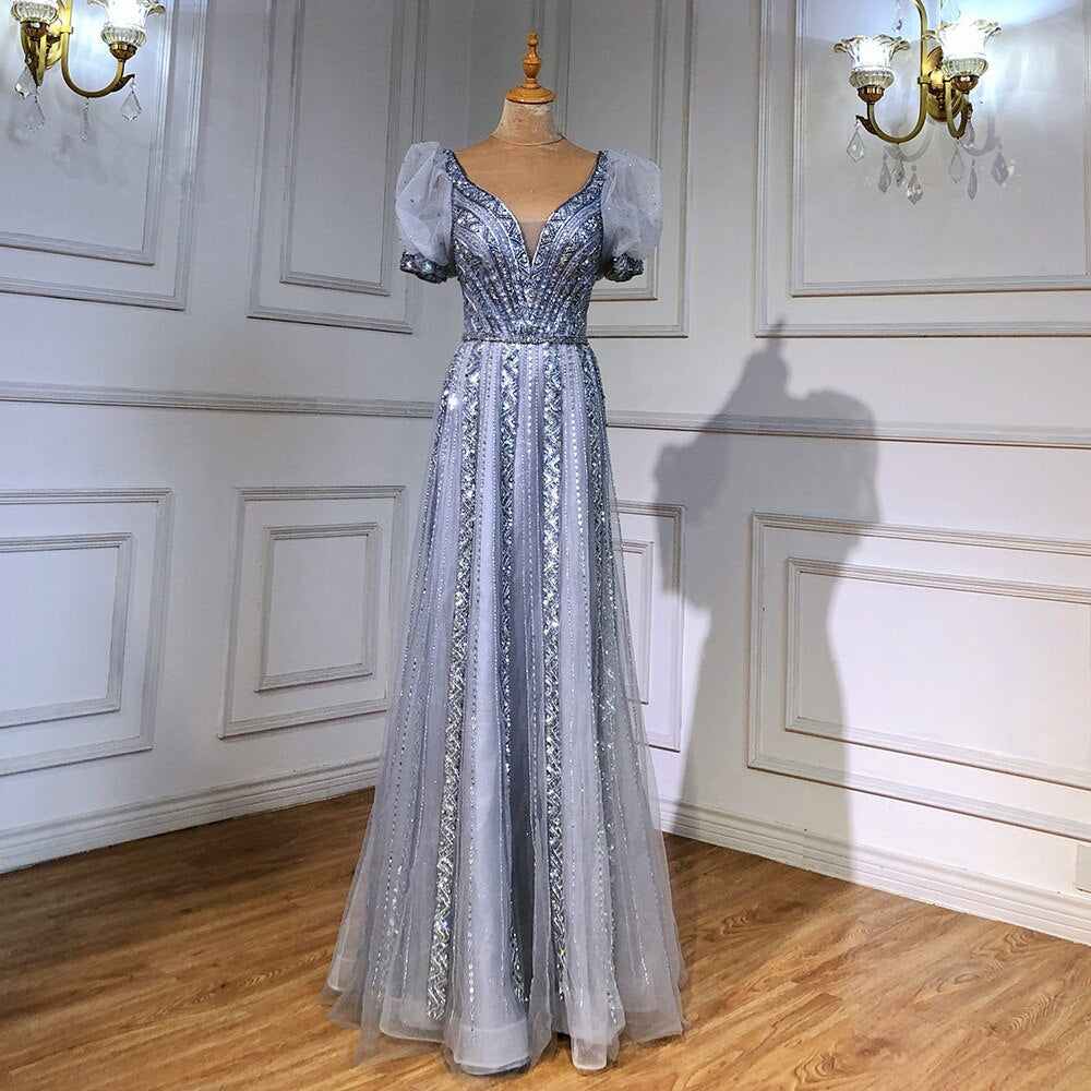 Taupe Luxury Short Sleeves Evening Dresses Gowns 2025 Beaded A-Line For Women WeddingParty LA71551