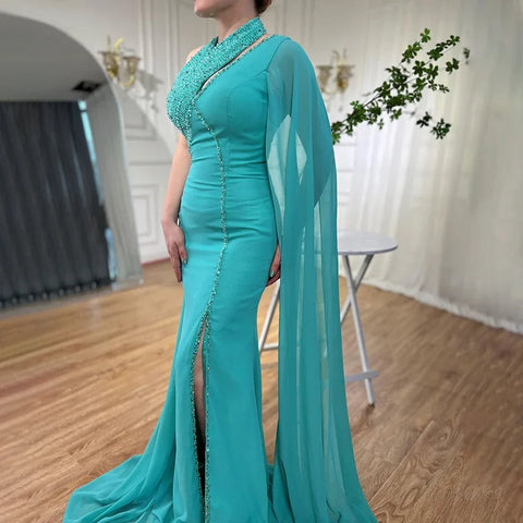 Vestidos de noche de sirena turquesa 2025 con abertura alta y mangas estilo capa con cuentas para mujer, para fiesta de boda LA72101 