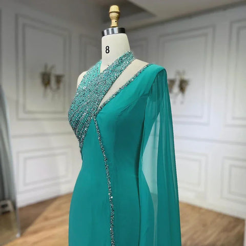 Vestidos de noche de sirena turquesa 2025 con abertura alta y mangas estilo capa con cuentas para mujer, para fiesta de boda LA72101 