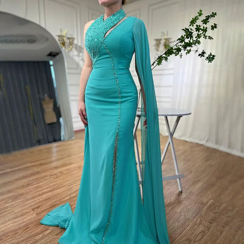 Vestidos de noche de sirena turquesa 2025 con abertura alta y mangas estilo capa con cuentas para mujer, para fiesta de boda LA72101 