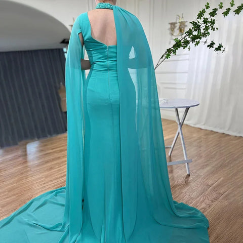 Vestidos de noche de sirena turquesa 2025 con abertura alta y mangas estilo capa con cuentas para mujer, para fiesta de boda LA72101 