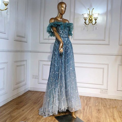 Robe de soirée de luxe turquoise en forme de trapèze, en plumes et perles, décolleté en cœur, sans retour ni remboursement, pour femme, modèle LA71497, 2025 