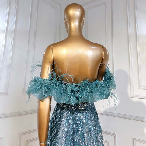 Robe de soirée de luxe turquoise en forme de trapèze, en plumes et perles, décolleté en cœur, sans retour ni remboursement, pour femme, modèle LA71497, 2025 