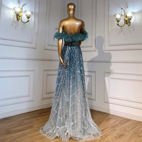 Robe de soirée de luxe turquoise en forme de trapèze, en plumes et perles, décolleté en cœur, sans retour ni remboursement, pour femme, modèle LA71497, 2025 