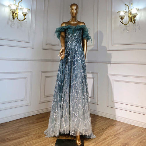 Robe de soirée de luxe turquoise en forme de trapèze, en plumes et perles, décolleté en cœur, sans retour ni remboursement, pour femme, modèle LA71497, 2025 