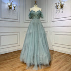 Turquoise Arabic A Line For Wedding Long Luxury 20253 Hand Made Beaded Formal Prom Dress Party Gown LA72064